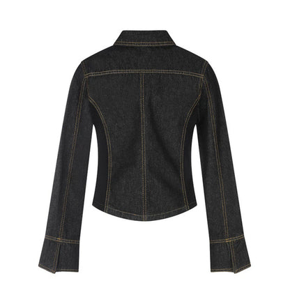 Women's tailored cropped denim jacket with shaping seams, chest patches, and decorative buttons EVA-US