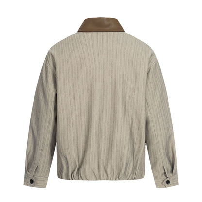 Men's Short Boxy Blouson Jacket in Linen Look with Leather Collar EVA-US