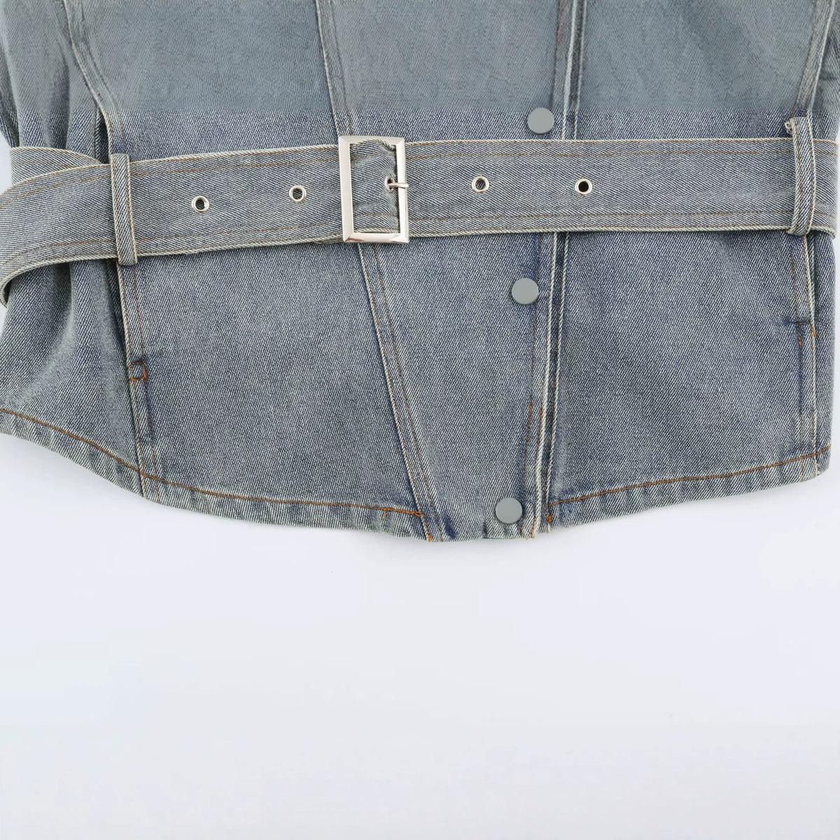 Women's denim jacket with belted waist and asymmetric snap button placket EVA-US
