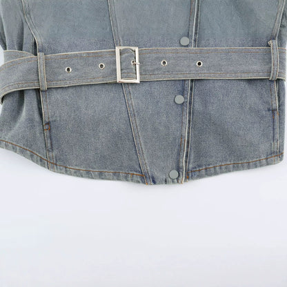 Women's denim jacket with belted waist and asymmetric snap button placket EVA-US