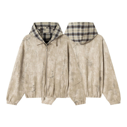 Unisex Short Cut Boxy Jacket in Suede Look with Checked Lined Hood EVA-US