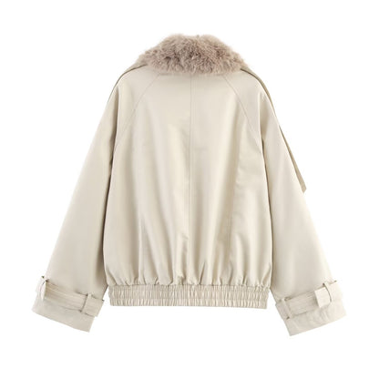 Women's short jacket in blouson trench style with detachable faux fur collar EVA-US