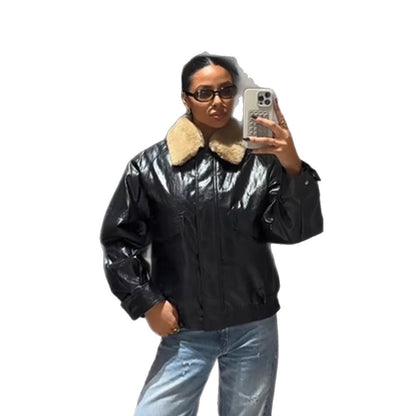 Women's Shiny Oversized Faux Leather Bomber Jacket with Voluminous Faux Fur Collar EVA-US