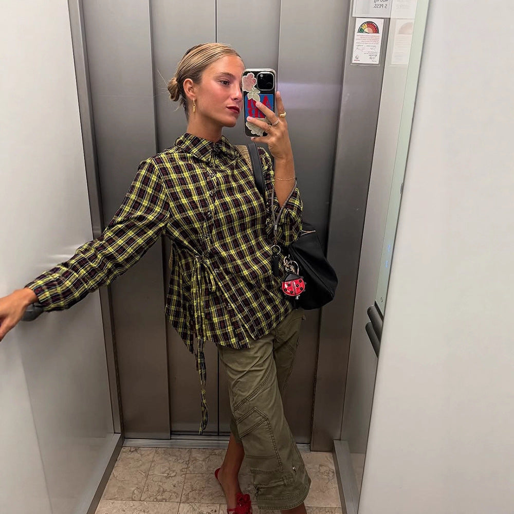 Women's Checked Shirt Blouse with Drawstring Waist and Loose Fit EVA-US