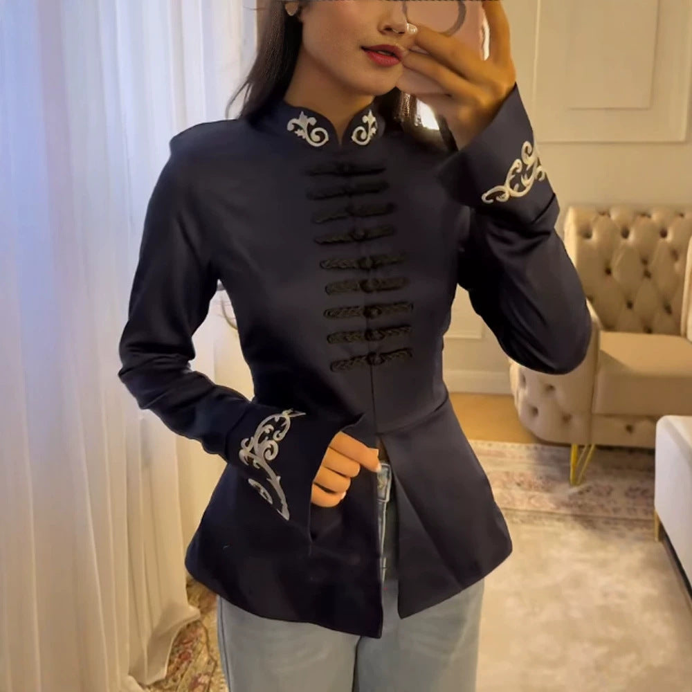 Women Tailored Satin Jacket with Mandarin Collar, decorative cord fastenings and embroidered cuffs EVA-US