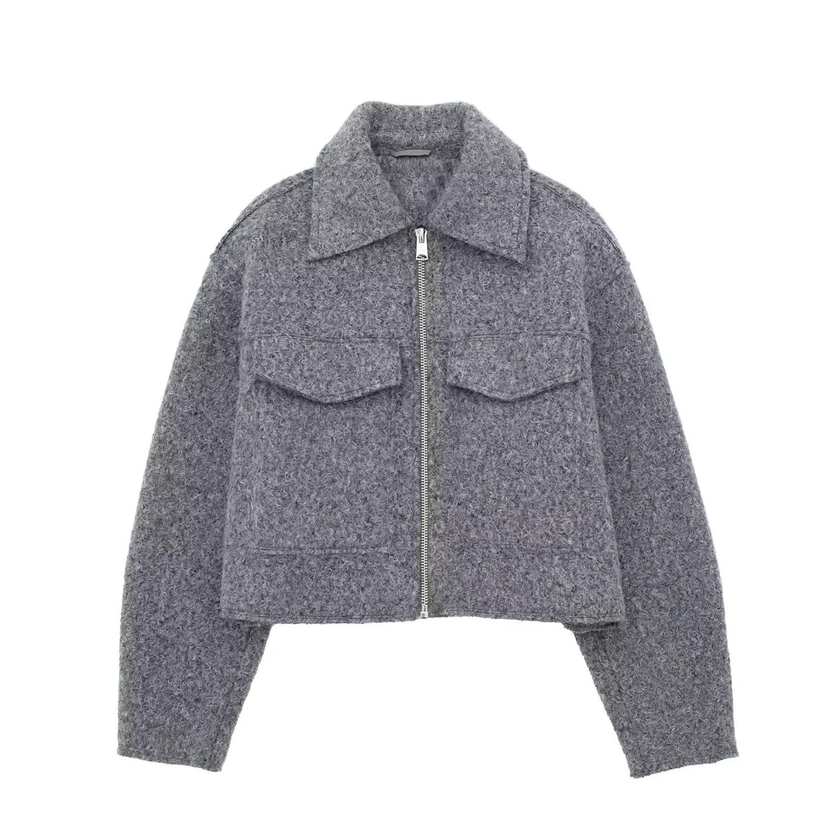 Women's Short Cut Sherpa Jacket with Zip and Flap Pockets EVA-US