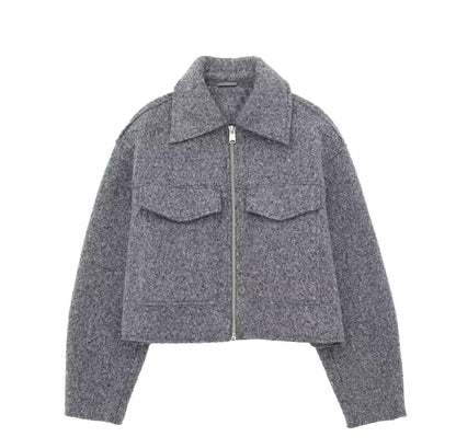 Women's Short Cut Sherpa Jacket with Zip and Flap Pockets EVA-US