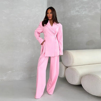 Women's Two-piece Oversized Suit Set with Wrap Blazer and Wide Palazzo Pants EVA-US