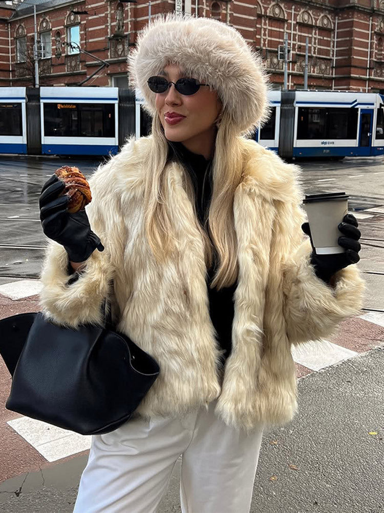 Women's Short Cut Boxy Faux Fur Coat with Long Pile Structure EVA-US