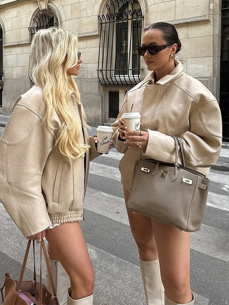 Women Oversized Leather Imitation Flight Jacket with Teddy Inner Side, Visible Seam Details & Elastic Hem
