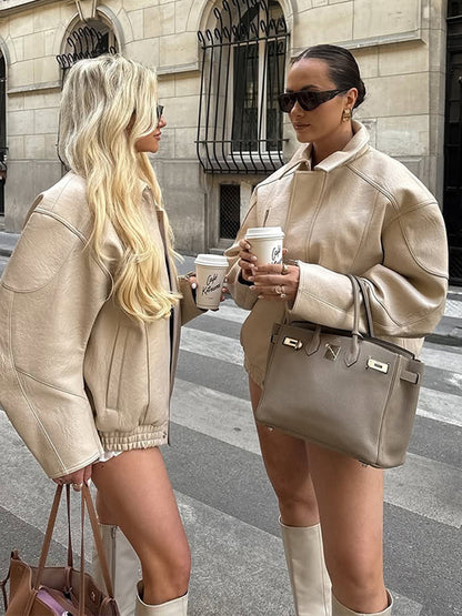 Women Oversized Leather Imitation Flight Jacket with Teddy Inner Side, Visible Seam Details & Elastic Hem