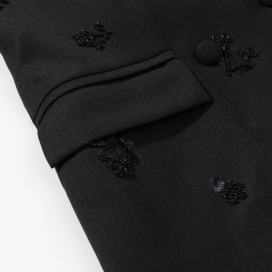 Women's Double-Breasted Blazer with Sequin Flowers and Shawl Collar EVA-US