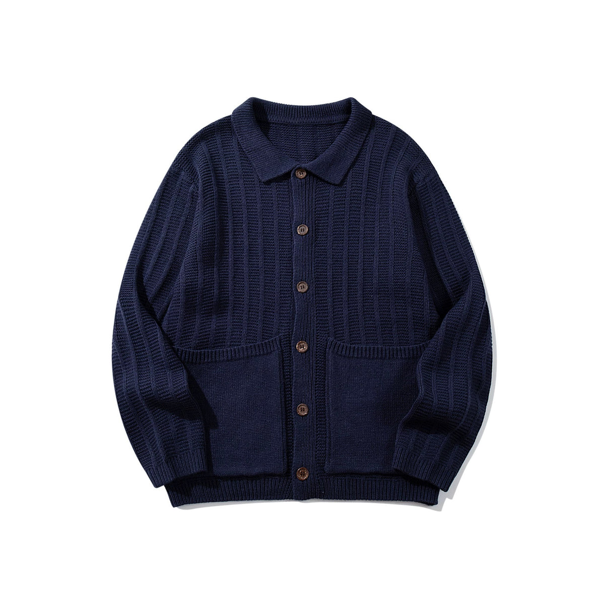 Unisex Structured Knit Cardigan with Shirt Collar and Patch Pockets EVA-US
