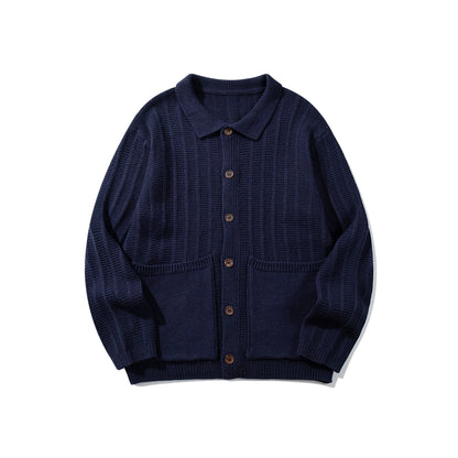 Unisex Structured Knit Cardigan with Shirt Collar and Patch Pockets EVA-US