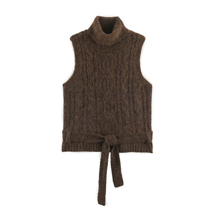 Women's Sleeveless Cable Knit Vest with Roll Neck and Ties EVA-US