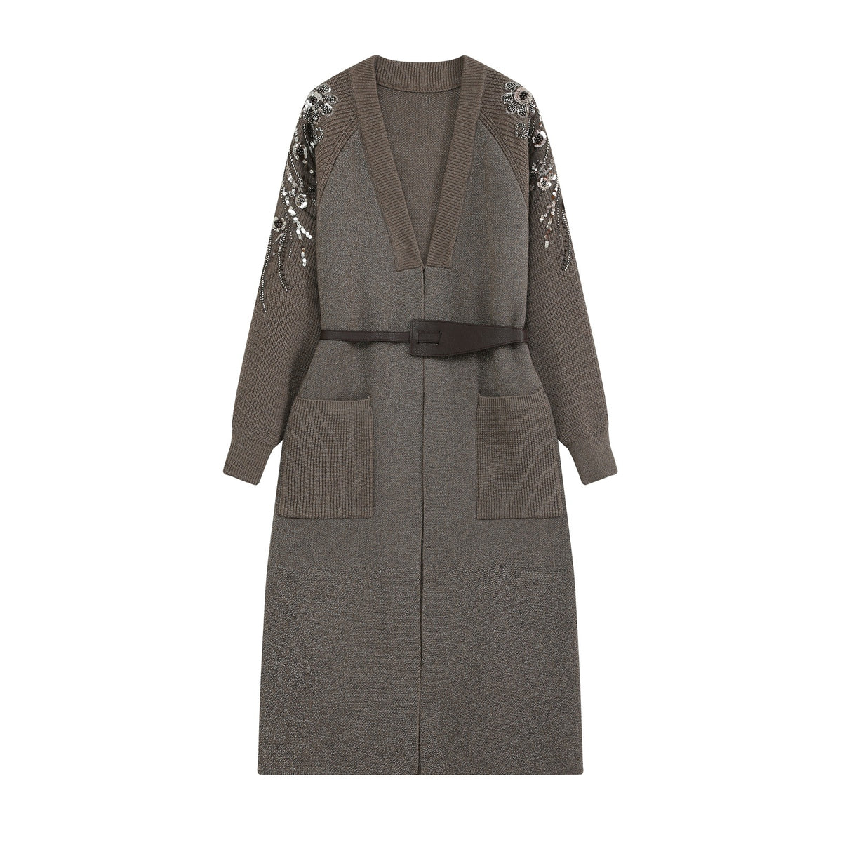 Women's knit midi dress with deep V-neck, waist belt, and sequin-adorned sleeves EVA-US