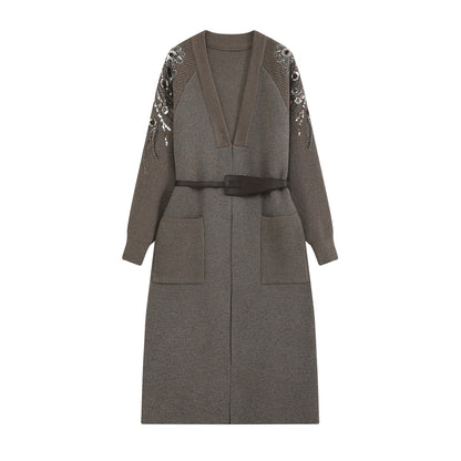 Women's knit midi dress with deep V-neck, waist belt, and sequin-adorned sleeves EVA-US