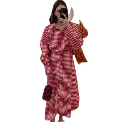 Women's checkered maxi dress with continuous button placket, fitted sash, and extended cuffs EVA-US