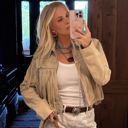 Women's Cropped Suede-Style Fringe Jacket with Stud Application EVA-US