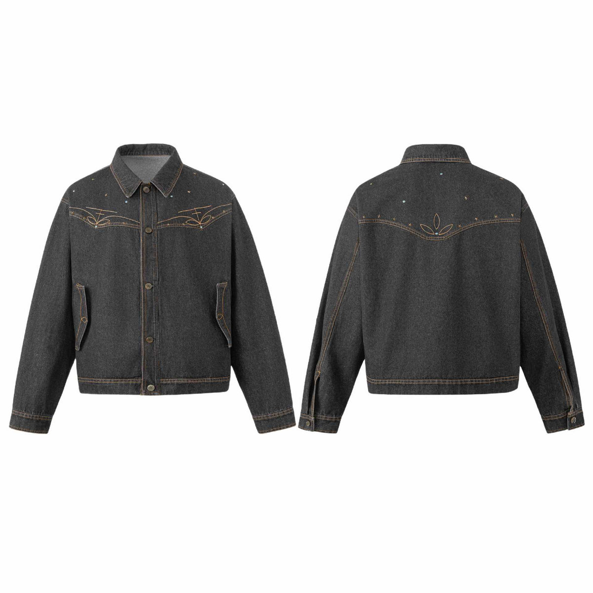 Unisex Boxy-Jeans Jacket with Star Embroidery and Decorative Studs EVA-US