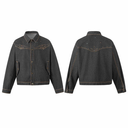Unisex Boxy-Jeans Jacket with Star Embroidery and Decorative Studs EVA-US