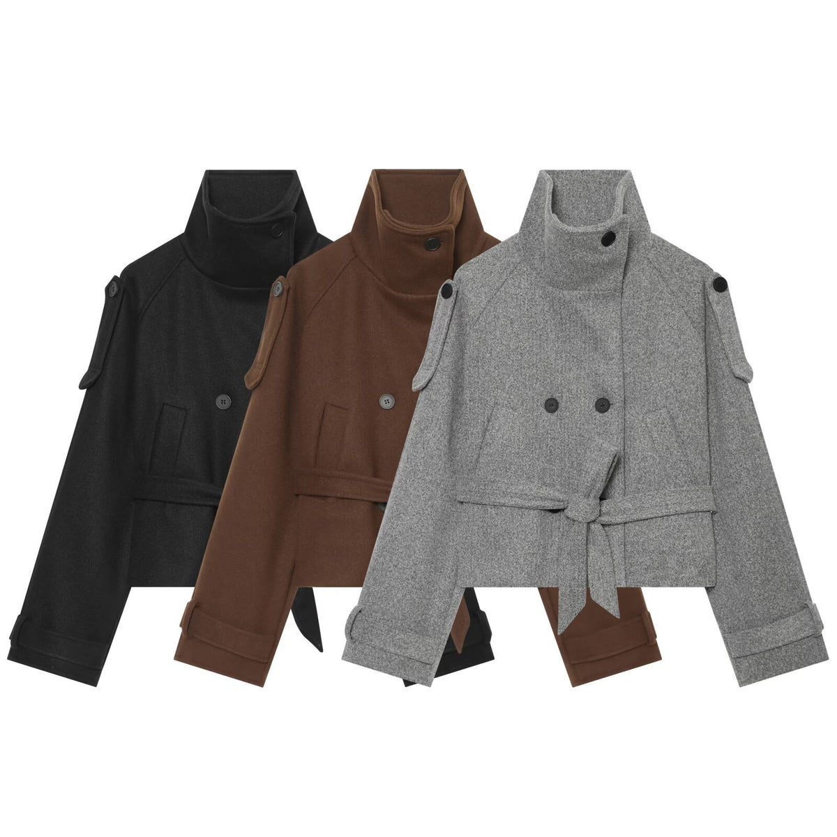 Women Short Wool Blend Cape Jacket with Waist Belt and Funnel Collar EVA-US