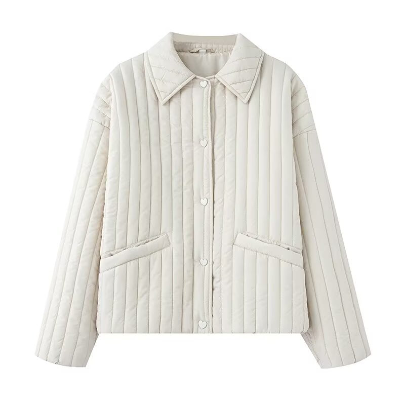 Women's short quilted jacket with vertical quilting, shirt collar and heart button placket EVA-US