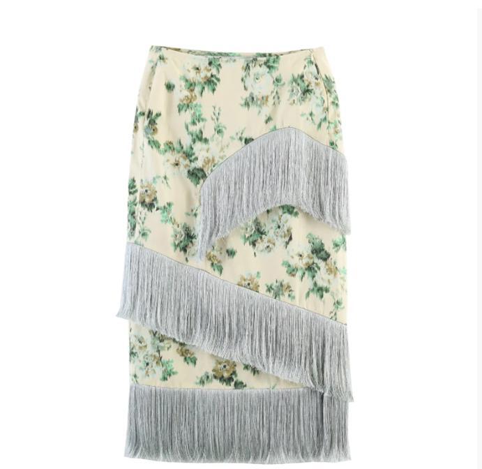 Women's floral printed midi skirt with diagonal fringed trim and slim silhouette EVA-US