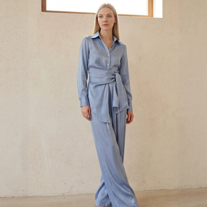 Ladies Two-Piece Silky Shirt and Palazzo Set with Wrap Waist EVA-US