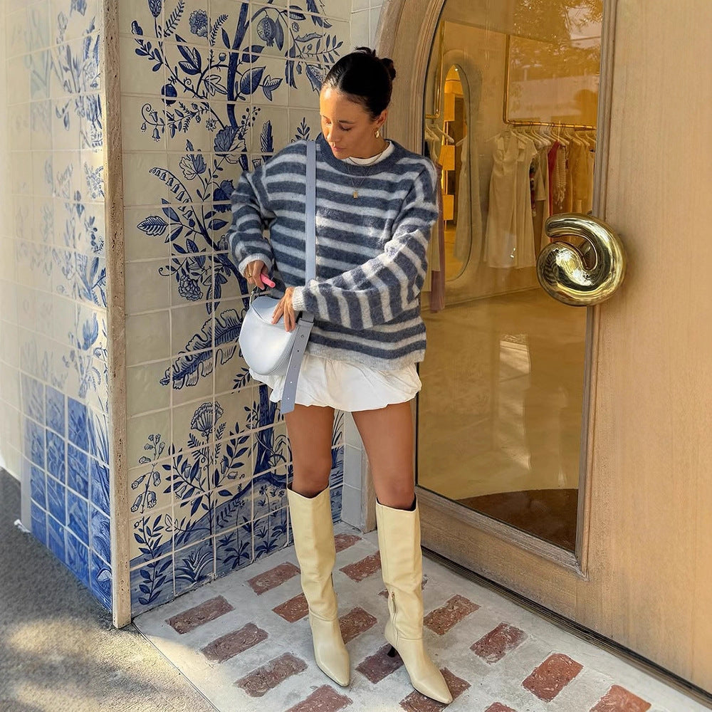 Women Striped Mohair Mix Oversize Sweater with Balloon Sleeves EVA-US