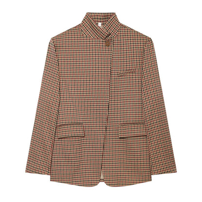 Women Checked Long Blazer with Stand Collar, Concealed Button Placket and Flap Pockets EVA-US