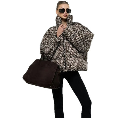 Women Short Quilted Oversized Quilted Jacket with High Shawl Collar EVA-US