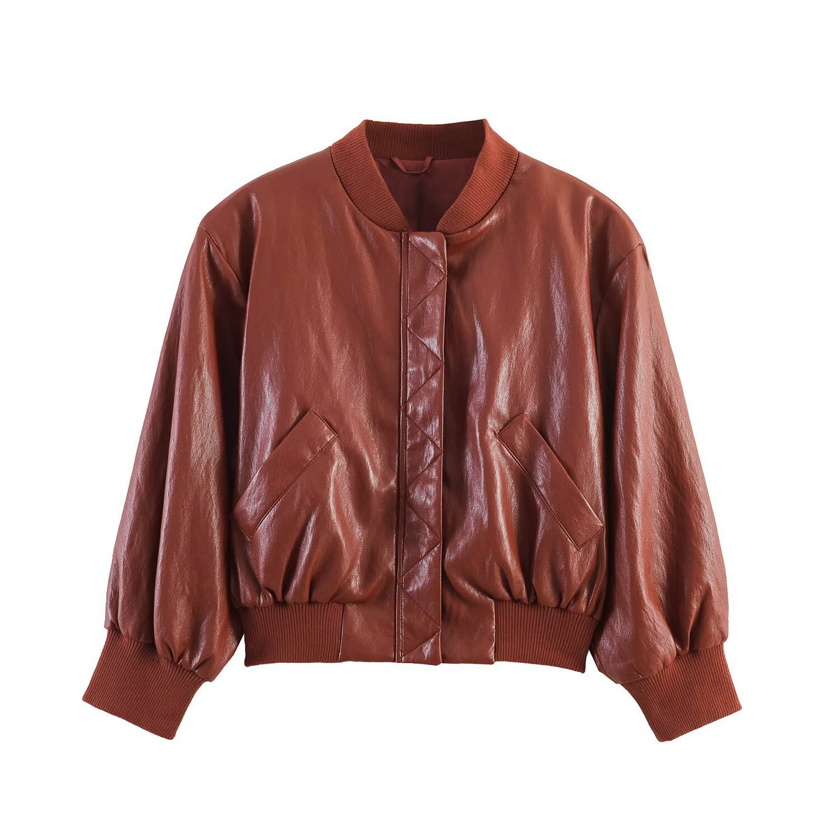Women's Shiny Faux Leather Bomber Jacket with Ribbed Collar, Concealed Snap Button Placket and Kangaroo Pockets EVA-US