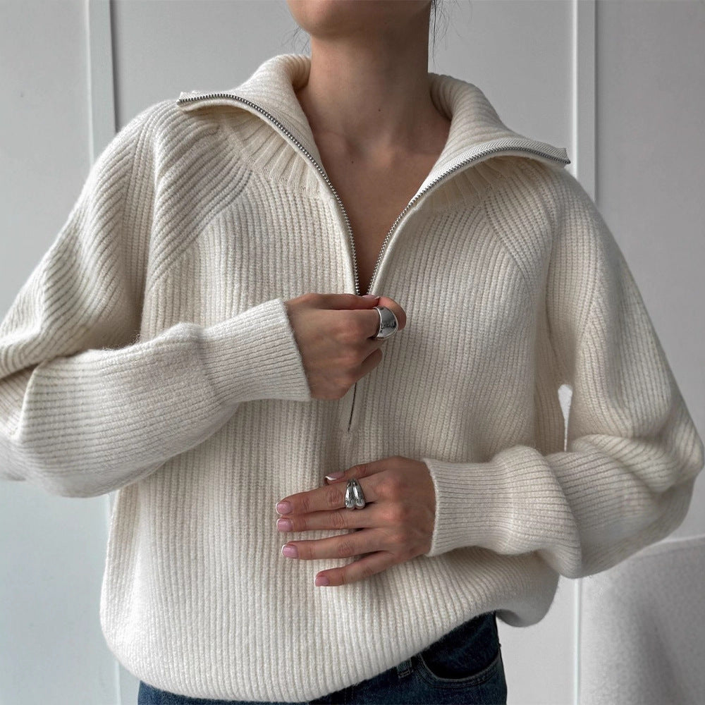 Women Ribbed Wool Blend Sweater with Half Zipper and Wide Stand Collar EVA-US