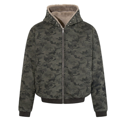 Women's padded camouflage bomber jacket with teddy lining, hood, and ribbed cuffs EVA-US