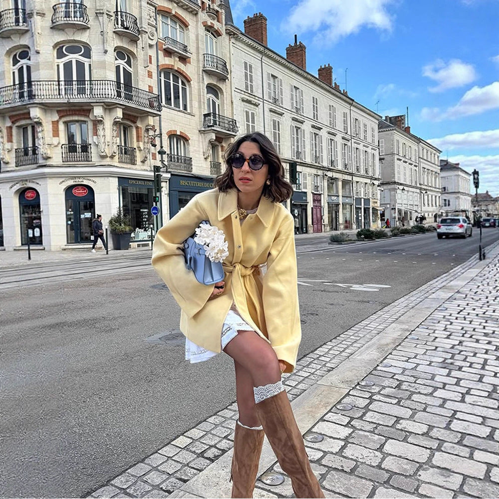 Women's short coat with tie belt, boxy oversized silhouette and wide sleeves EVA-US