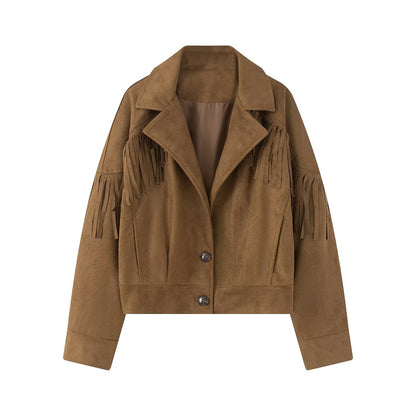 Women's short jacket in suede look with fringe trim and shirt collar EVA-US