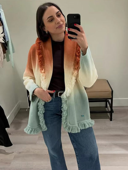 Women's Gradient Knit Cardigan with Fringes and Shawl Collar EVA-US