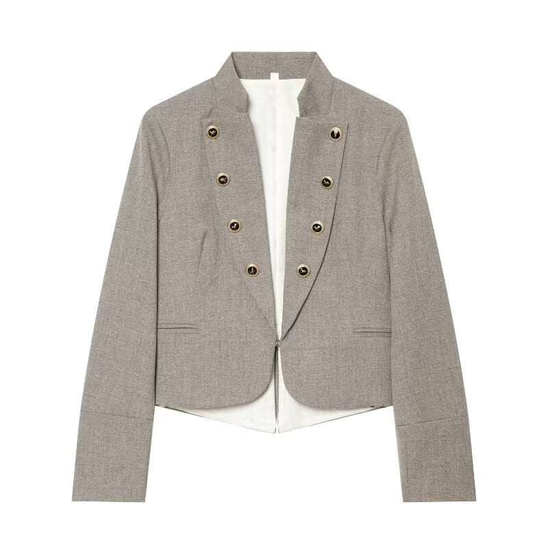Women Cropped, tailored blazer with stand-up collar, double decorative button placket and asymmetrical hem EVA-US