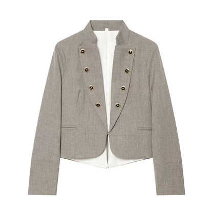 Women Cropped, tailored blazer with stand-up collar, double decorative button placket and asymmetrical hem EVA-US