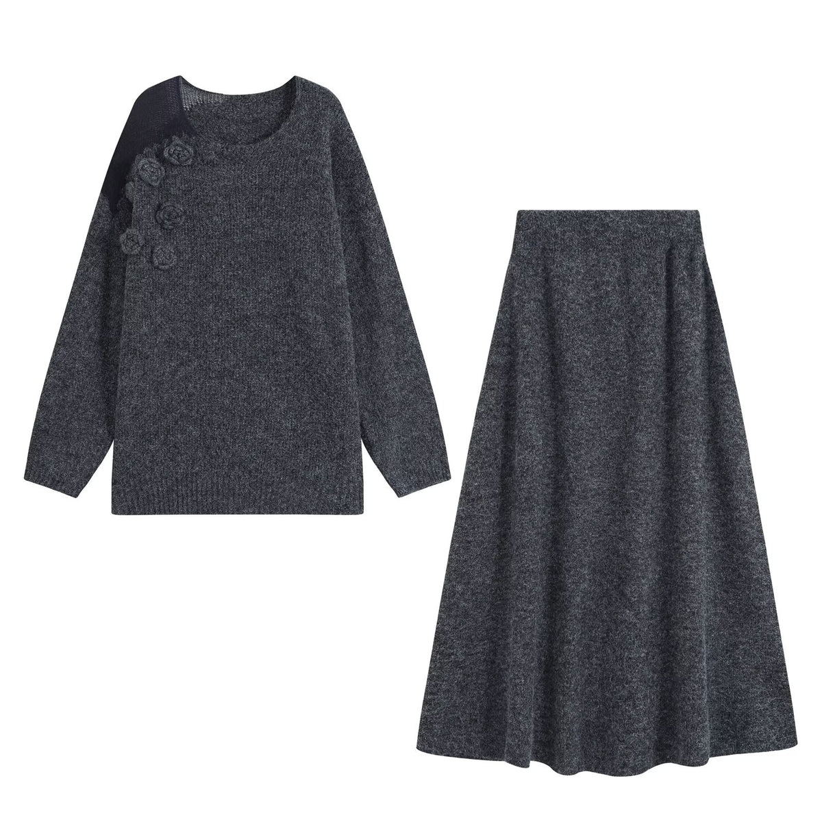 Women's knit set with cozy sweater featuring 3D flower appliqué and A-line skirt EVA-US