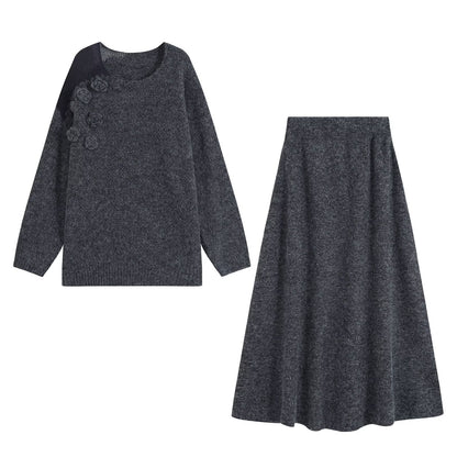 Women's knit set with cozy sweater featuring 3D flower appliqué and A-line skirt EVA-US