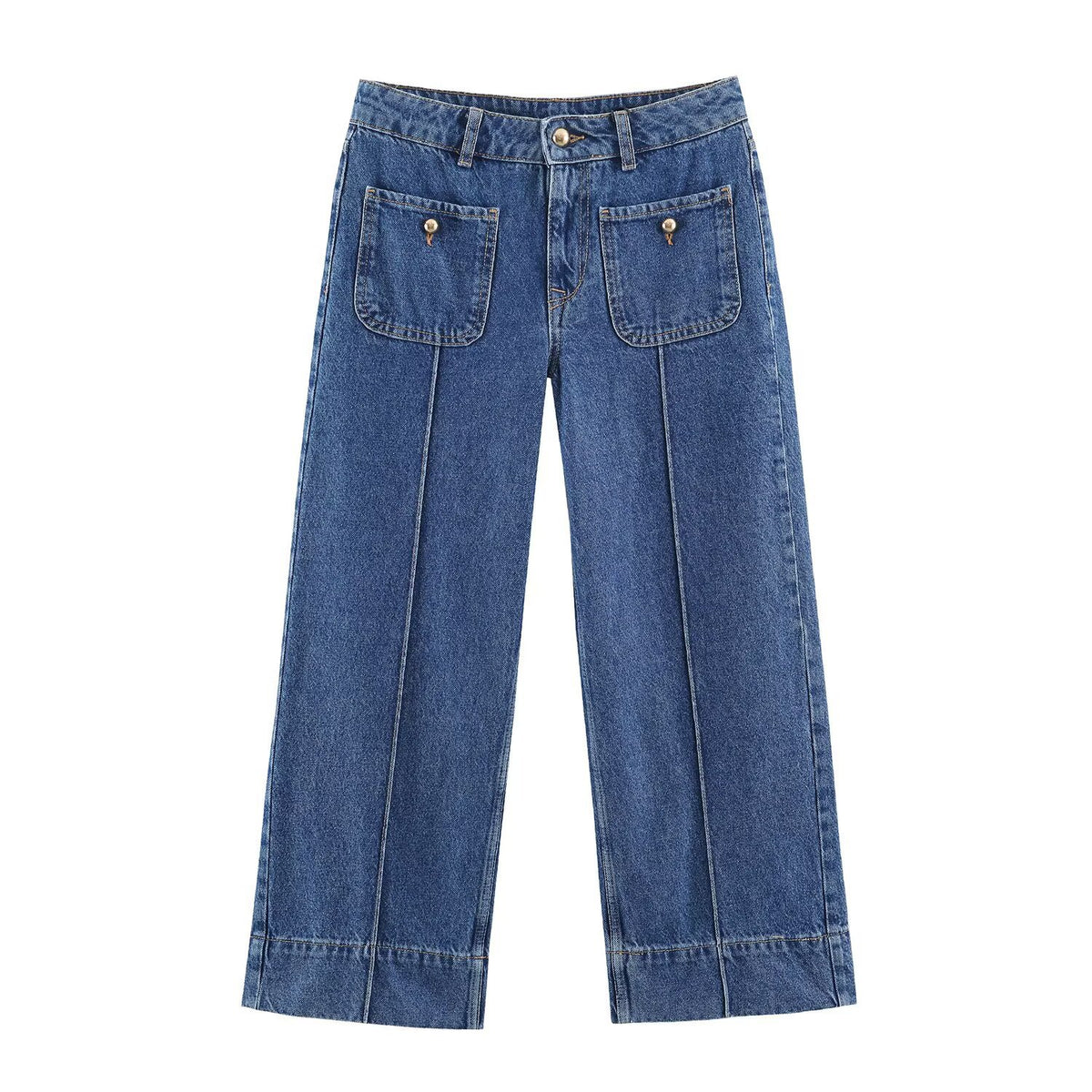 Ladies High-Waist Wide-Leg Jeans with patch front pockets and center seam detail EVA-US