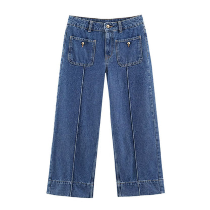 Ladies High-Waist Wide-Leg Jeans with patch front pockets and center seam detail EVA-US