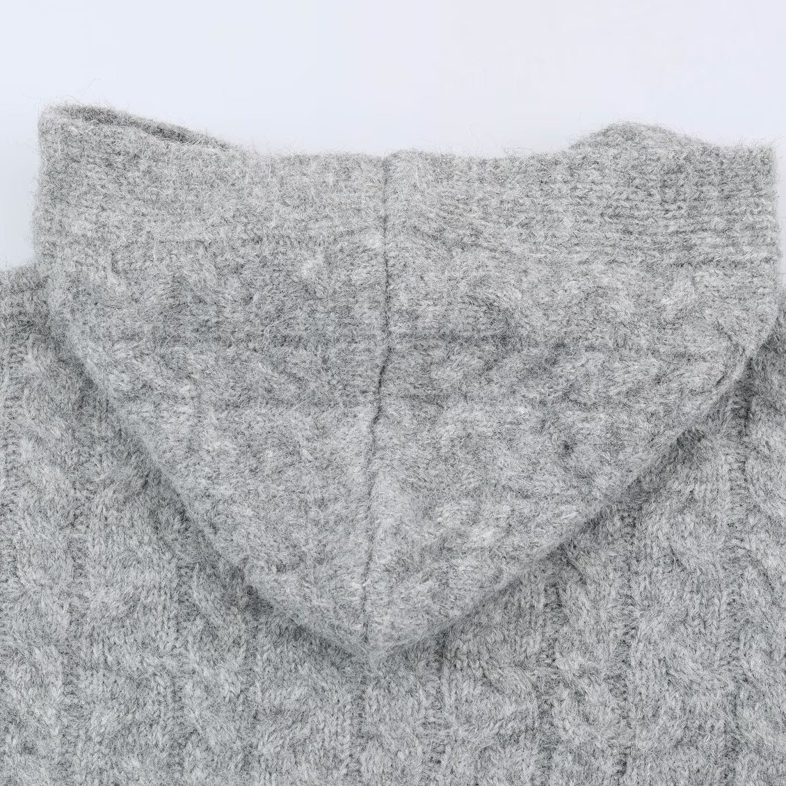 Women's Long Knitted Hooded Cardigan with Cable Pattern and Button Placket EVA-US