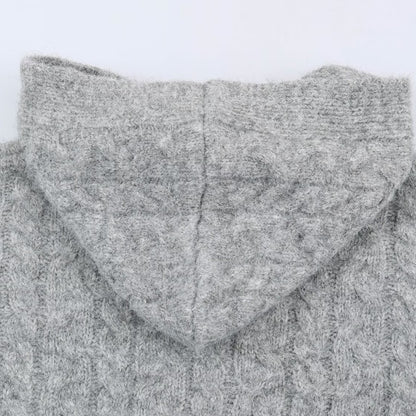 Women's Long Knitted Hooded Cardigan with Cable Pattern and Button Placket EVA-US