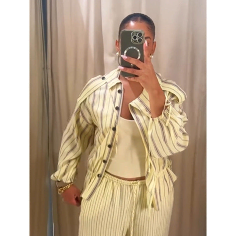 Women Striped Two-Piece Loungewear Set with Oversized Shirt Jacket and Drawstring Pants EVA-US