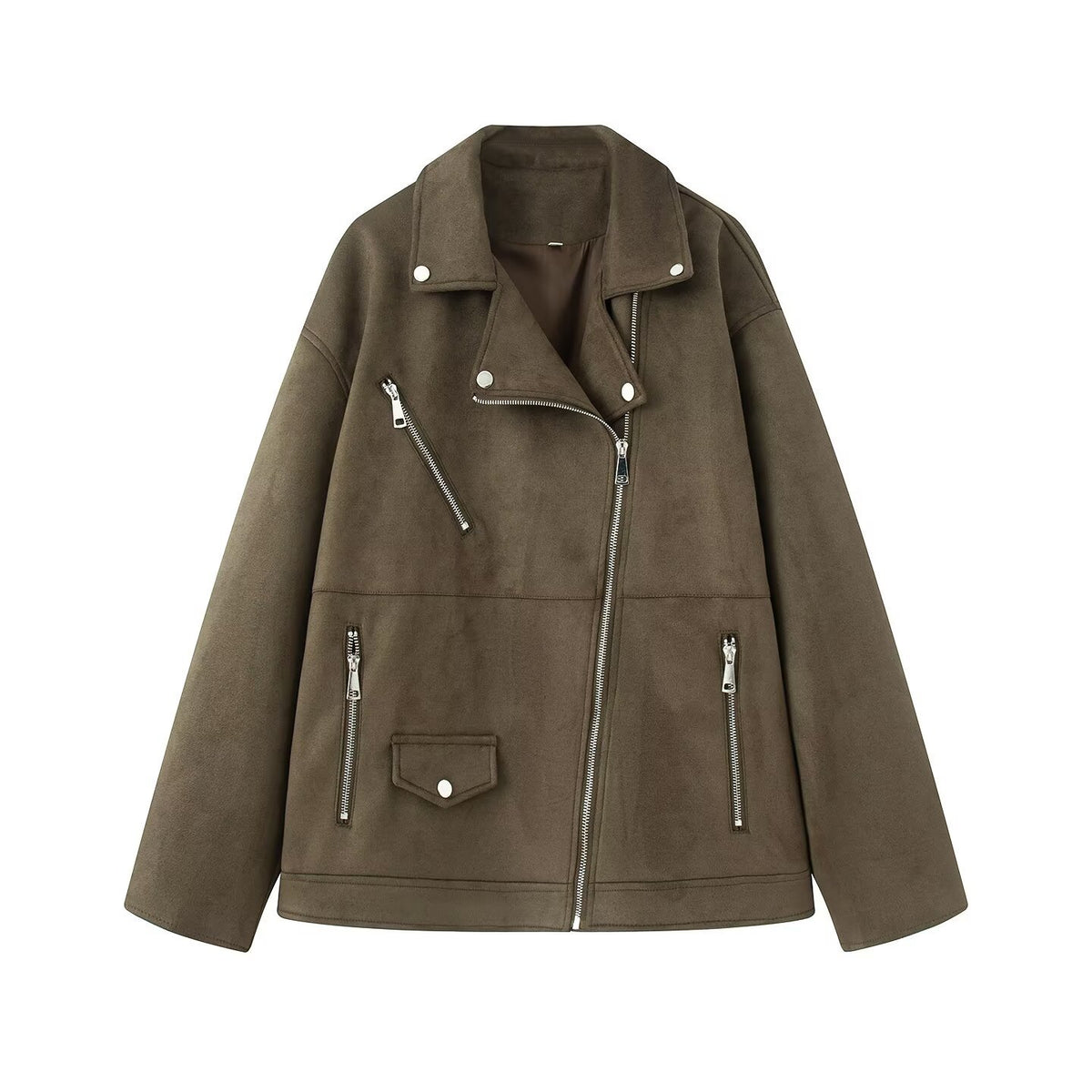Women Asymmetrical Suede Leather Look Biker Jacket with Stand-Up Collar and Zippers EVA-US