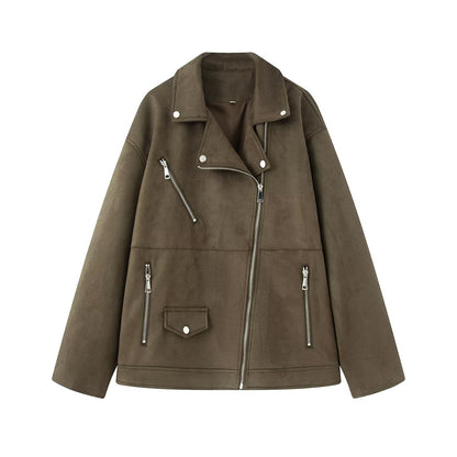 Women Asymmetrical Suede Leather Look Biker Jacket with Stand-Up Collar and Zippers EVA-US