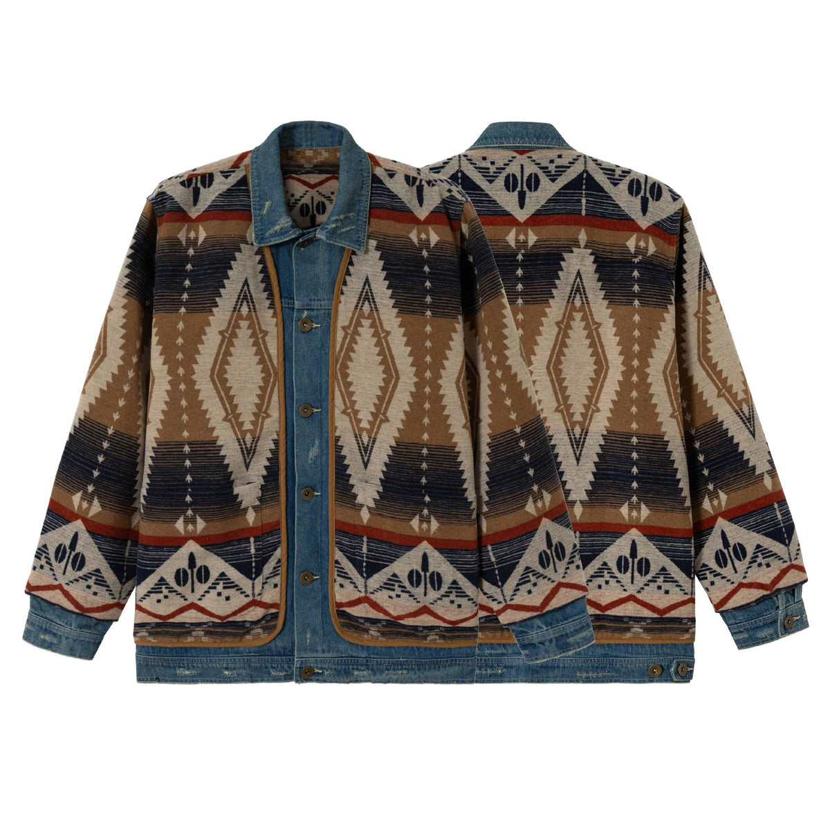Unisex Short Woven Aztec Cardigan with Denim Trim EVA-US